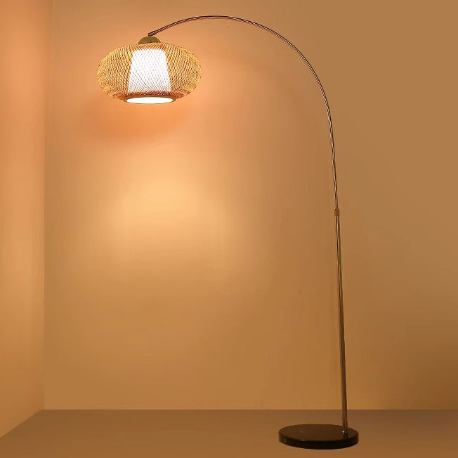 Traditional Chinese Marble Bamboo Stainless Steel Curved Oval 1-Light Standing Floor Lamp For Living Room