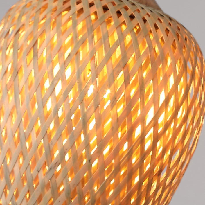Contemporary Scandinavian Rubberwood Bamboo Woven Round 1-Light Semi-Flush Mount Ceiling Light For Living Room