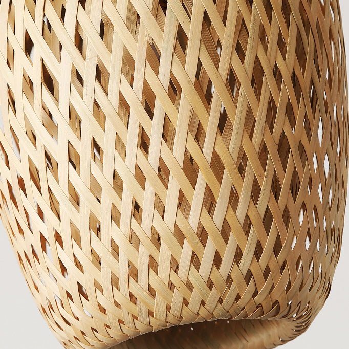 Contemporary Scandinavian Rubberwood Bamboo Woven Round 1-Light Semi-Flush Mount Ceiling Light For Living Room
