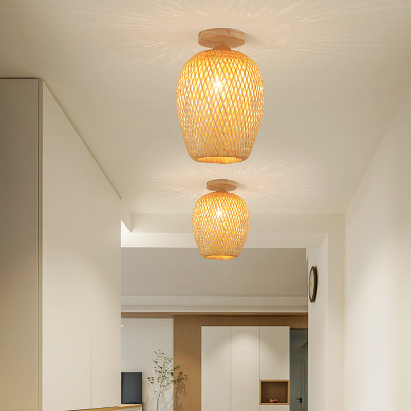 Contemporary Scandinavian Rubberwood Bamboo Woven Round 1-Light Semi-Flush Mount Ceiling Light For Living Room