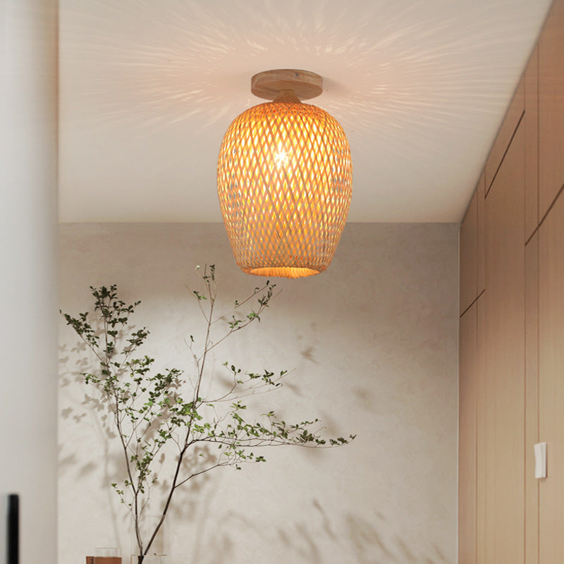 Contemporary Scandinavian Rubberwood Bamboo Woven Round 1-Light Semi-Flush Mount Ceiling Light For Living Room