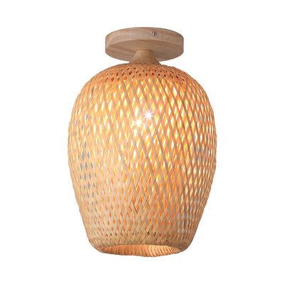 Contemporary Scandinavian Rubberwood Bamboo Woven Round 1-Light Semi-Flush Mount Ceiling Light For Living Room