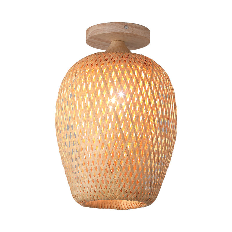 Contemporary Scandinavian Rubberwood Bamboo Woven Round 1-Light Semi-Flush Mount Ceiling Light For Living Room
