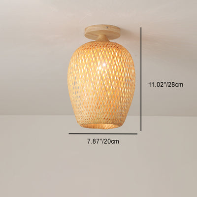 Contemporary Scandinavian Rubberwood Bamboo Woven Round 1-Light Semi-Flush Mount Ceiling Light For Living Room