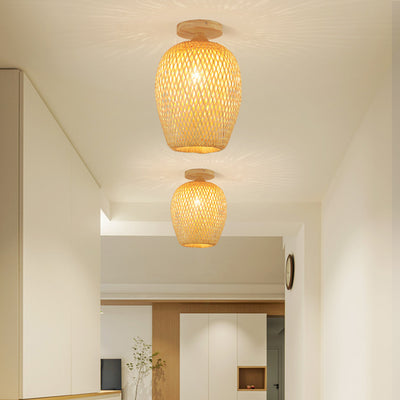 Contemporary Scandinavian Rubberwood Bamboo Woven Round 1-Light Semi-Flush Mount Ceiling Light For Living Room