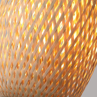 Contemporary Scandinavian Rubberwood Bamboo Woven Round 1-Light Semi-Flush Mount Ceiling Light For Living Room