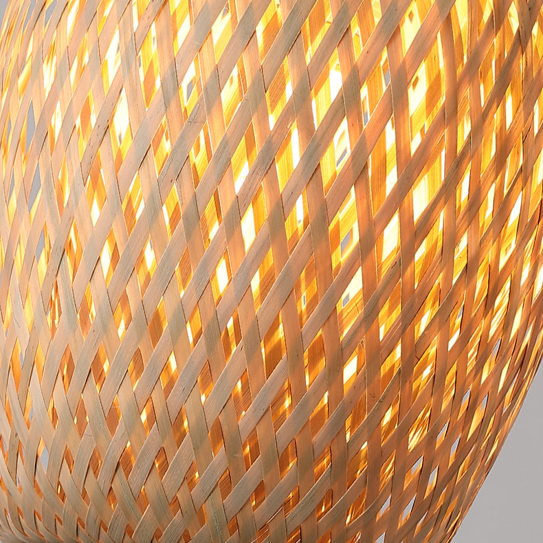 Contemporary Scandinavian Rubberwood Bamboo Woven Round 1-Light Semi-Flush Mount Ceiling Light For Living Room