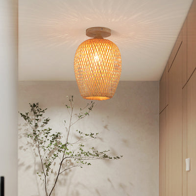 Contemporary Scandinavian Rubberwood Bamboo Woven Round 1-Light Semi-Flush Mount Ceiling Light For Living Room