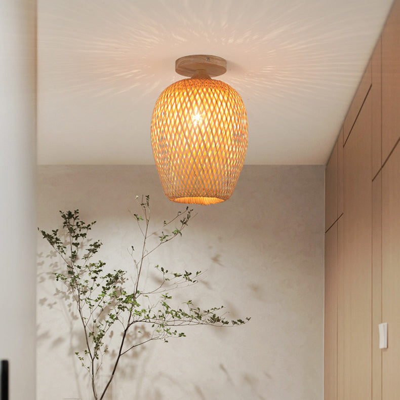 Contemporary Scandinavian Rubberwood Bamboo Woven Round 1-Light Semi-Flush Mount Ceiling Light For Living Room