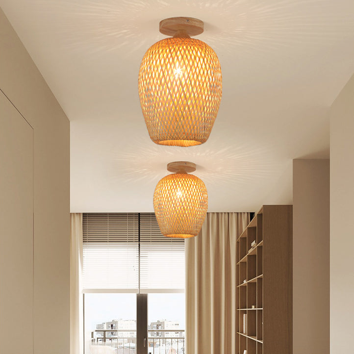 Contemporary Scandinavian Rubberwood Bamboo Woven Round 1-Light Semi-Flush Mount Ceiling Light For Living Room