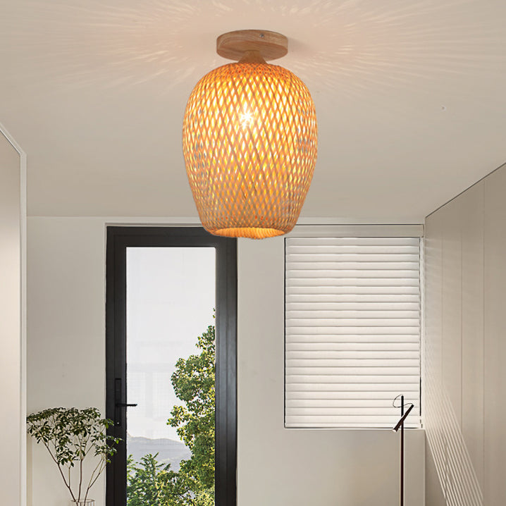 Contemporary Scandinavian Rubberwood Bamboo Woven Round 1-Light Semi-Flush Mount Ceiling Light For Living Room