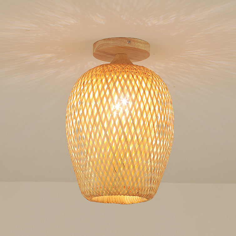 Contemporary Scandinavian Rubberwood Bamboo Woven Round 1-Light Semi-Flush Mount Ceiling Light For Living Room