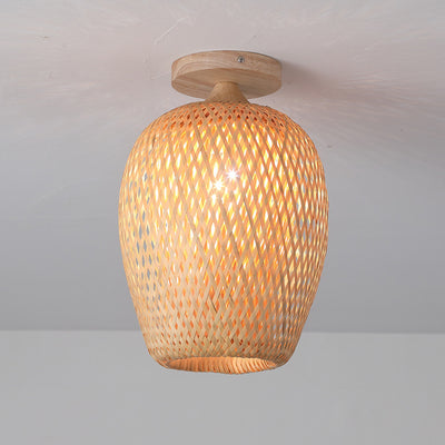 Contemporary Scandinavian Rubberwood Bamboo Woven Round 1-Light Semi-Flush Mount Ceiling Light For Living Room
