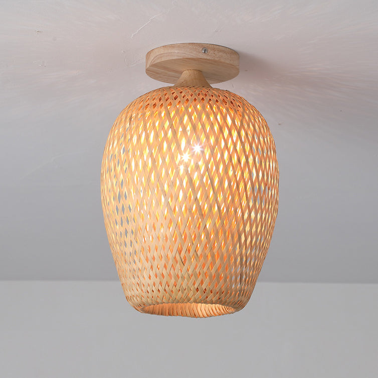 Contemporary Scandinavian Rubberwood Bamboo Woven Round 1-Light Semi-Flush Mount Ceiling Light For Living Room