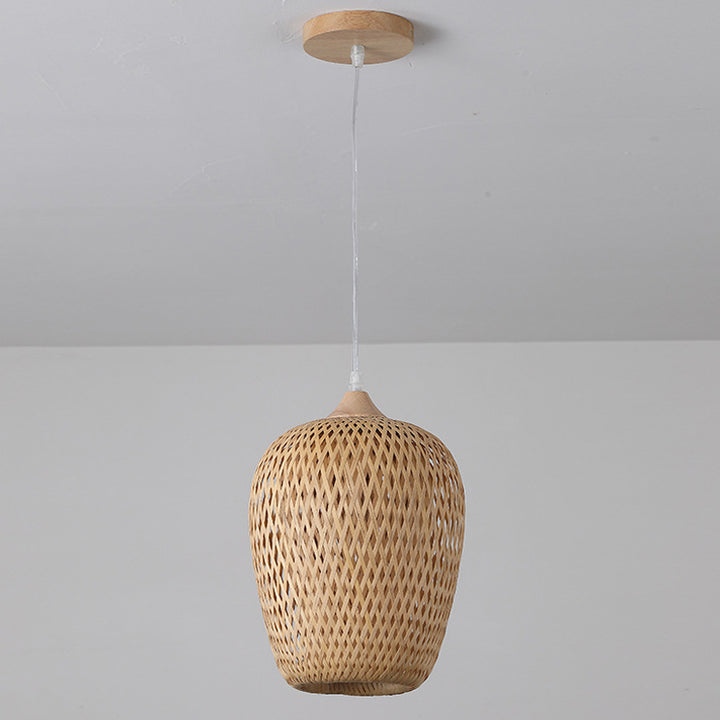 Traditional Chinese Rubberwood Bamboo Woven Round 1-Light Pendant Light For Living Room