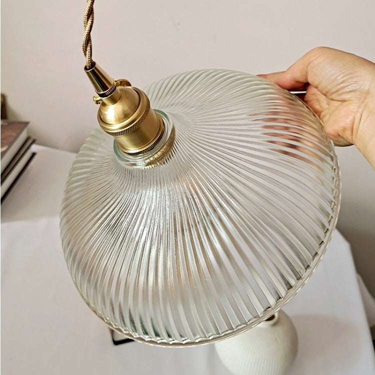 Traditional Japanese Brass Glass Bowl-Shaped 1-Light Pendant Light For Living Room