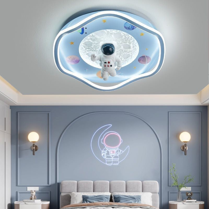 モダンアールデコキッズシリコン樹脂鉄製宇宙飛行士惑星型ラウンドLEDフラッシュマウント天井灯ベッドルーム用 