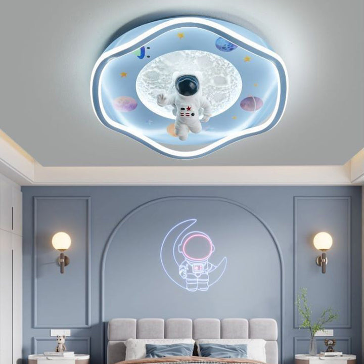モダンアールデコキッズシリコン樹脂鉄製宇宙飛行士惑星型ラウンドLEDフラッシュマウント天井灯ベッドルーム用 