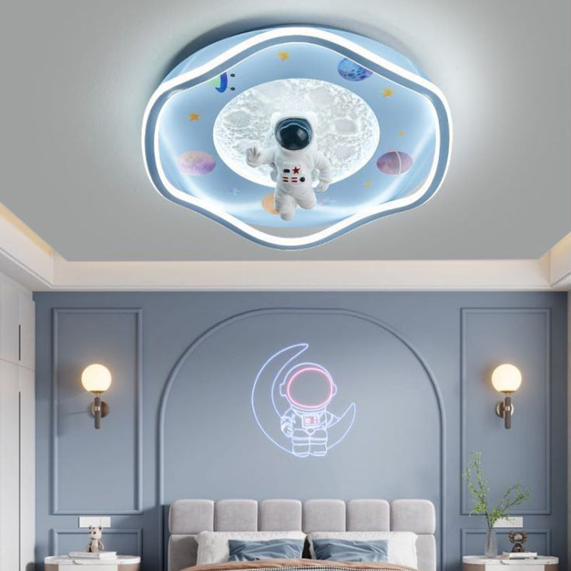 モダンアールデコキッズシリコン樹脂鉄製宇宙飛行士惑星型ラウンドLEDフラッシュマウント天井灯ベッドルーム用 