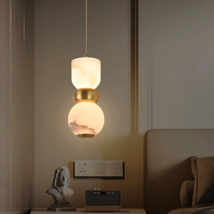 Contemporary Creative Brass Natural Stone Alabaster Flat Round LED Pendant Light For Bedroom