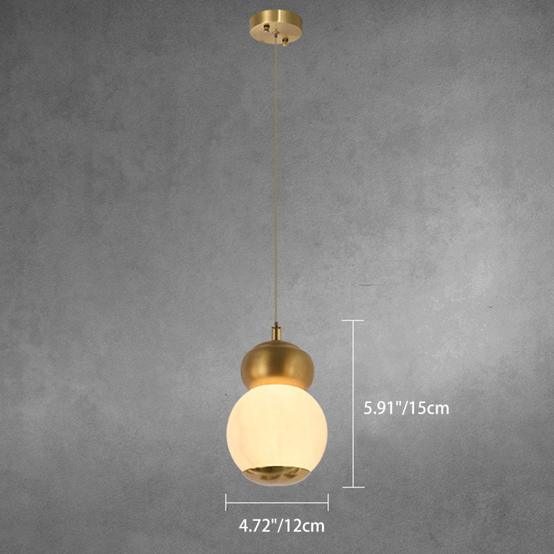 Contemporary Creative Brass Natural Stone Alabaster Flat Round LED Pendant Light For Bedroom
