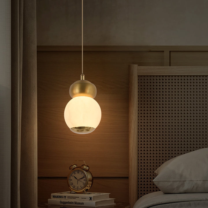Contemporary Creative Brass Natural Stone Alabaster Flat Round LED Pendant Light For Bedroom