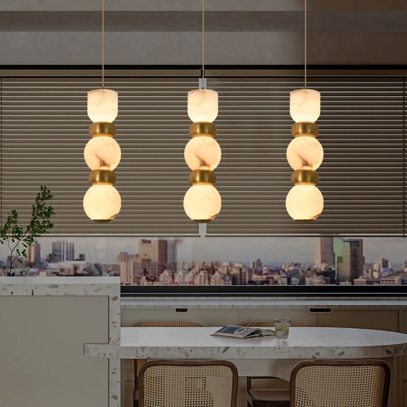 Contemporary Creative Brass Natural Stone Alabaster Flat Round LED Pendant Light For Bedroom