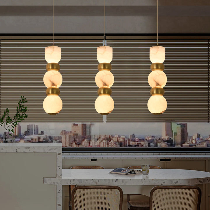 Contemporary Creative Brass Natural Stone Alabaster Flat Round LED Pendant Light For Bedroom
