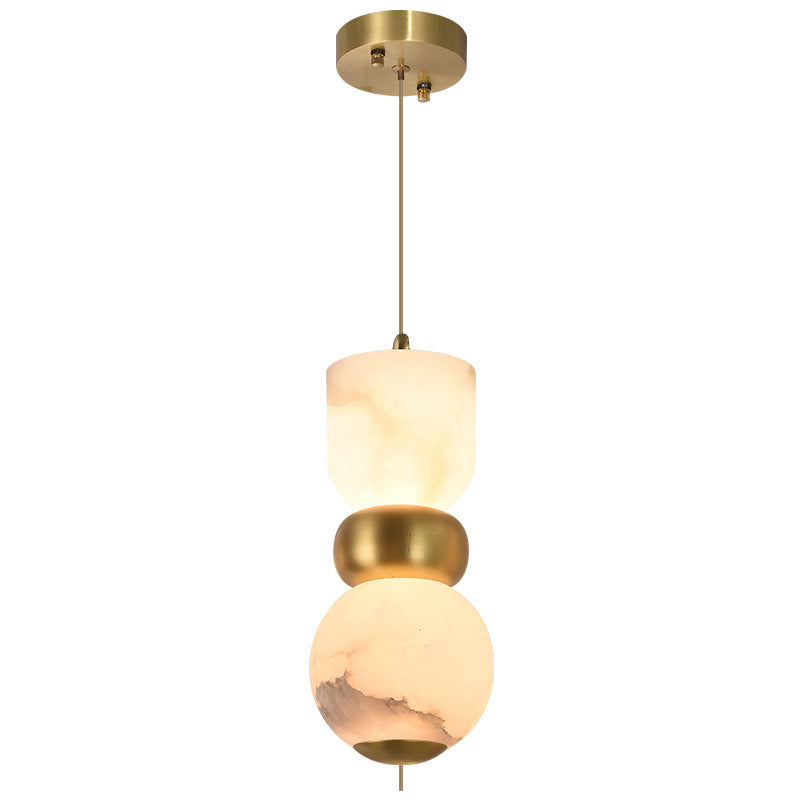 Contemporary Creative Brass Natural Stone Alabaster Flat Round LED Pendant Light For Bedroom