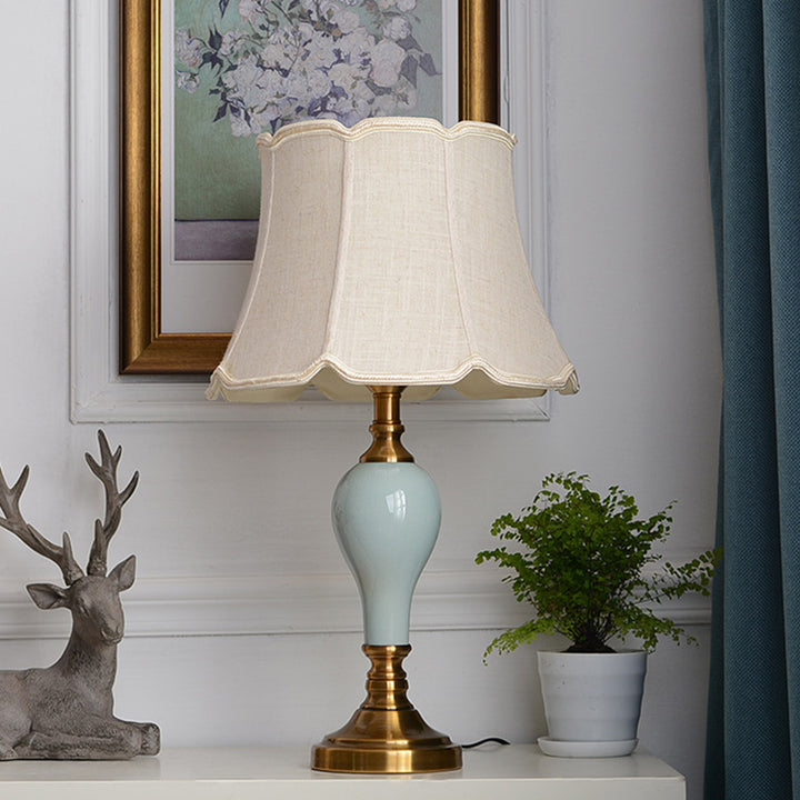 Lampe de table 1 lumière en laiton chinois traditionnel en céramique tissu en forme d&