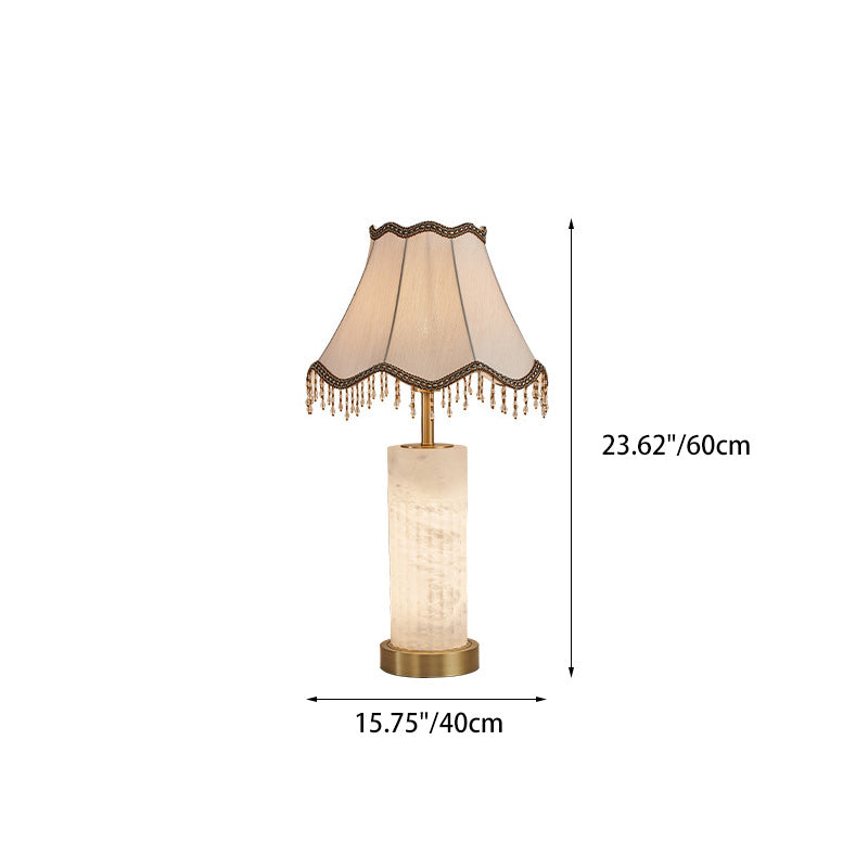 Traditional Chinese Alabaster Brass Fabric Umbrella-Shaped 1-Light Table Lamp For Bedroom