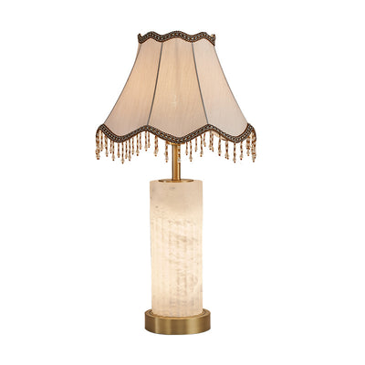 Traditional Chinese Alabaster Brass Fabric Umbrella-Shaped 1-Light Table Lamp For Bedroom