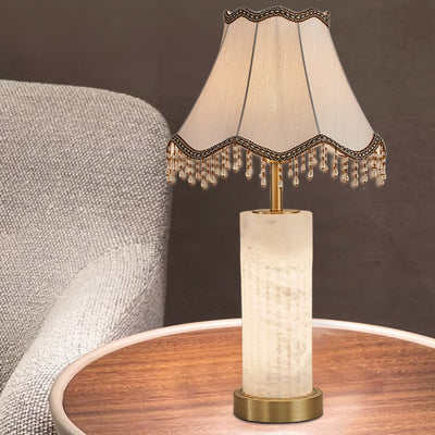 Traditional Chinese Alabaster Brass Fabric Umbrella-Shaped 1-Light Table Lamp For Bedroom