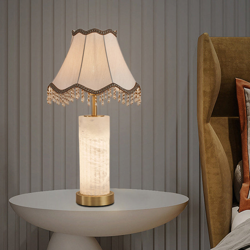 Traditional Chinese Alabaster Brass Fabric Umbrella-Shaped 1-Light Table Lamp For Bedroom