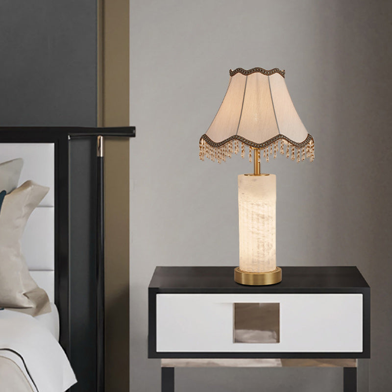 Traditional Chinese Alabaster Brass Fabric Umbrella-Shaped 1-Light Table Lamp For Bedroom