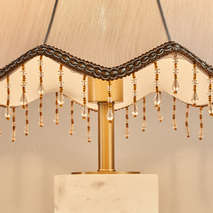 Traditional Chinese Alabaster Brass Fabric Umbrella-Shaped 1-Light Table Lamp For Bedroom
