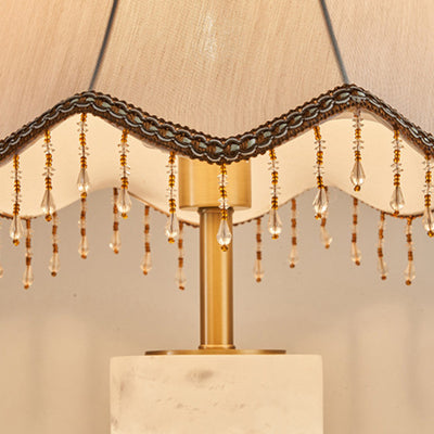 Traditional Chinese Alabaster Brass Fabric Umbrella-Shaped 1-Light Table Lamp For Bedroom