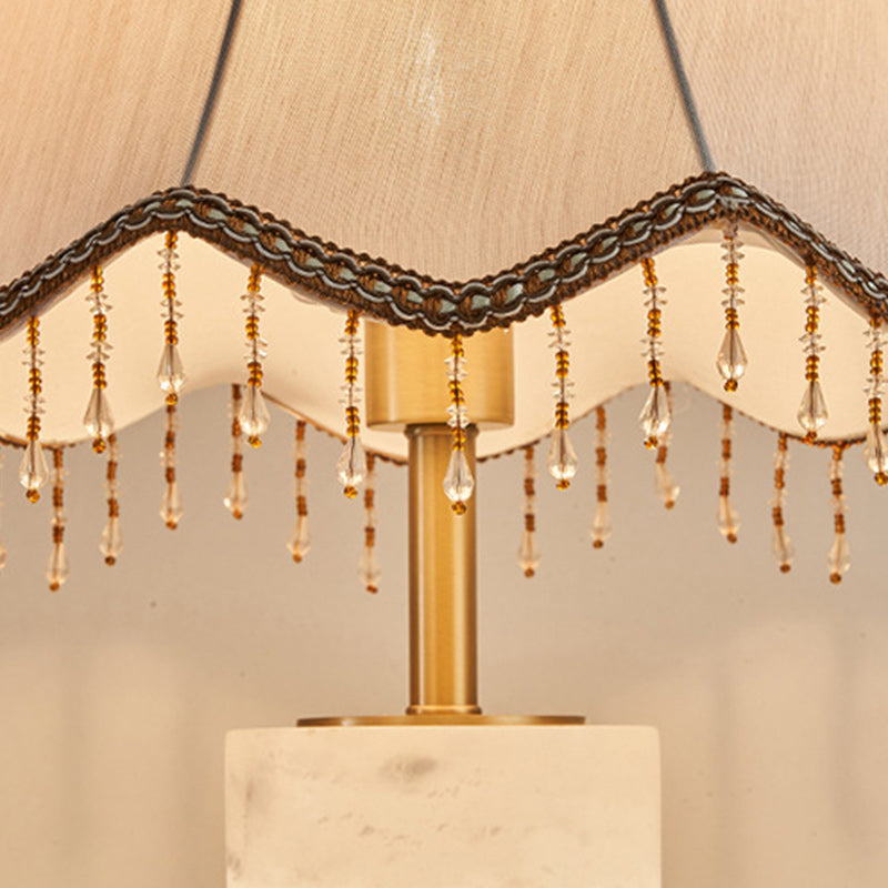 Traditional Chinese Alabaster Brass Fabric Umbrella-Shaped 1-Light Table Lamp For Bedroom