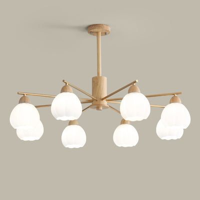 Traditional Japanese Wood PVC Iron Branch Round Cylinder 3/6/8-Light Chandelier For Living Room