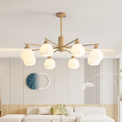 Traditional Japanese Wood PVC Iron Branch Round Cylinder 3/6/8-Light Chandelier For Living Room