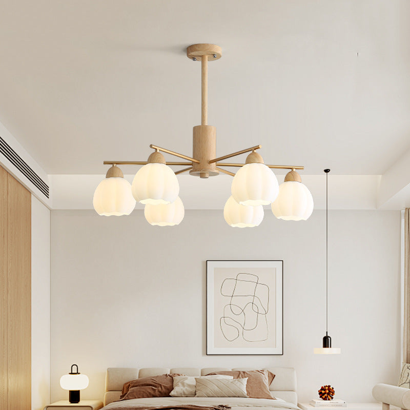 Traditional Japanese Wood PVC Iron Branch Round Cylinder 3/6/8-Light Chandelier For Living Room