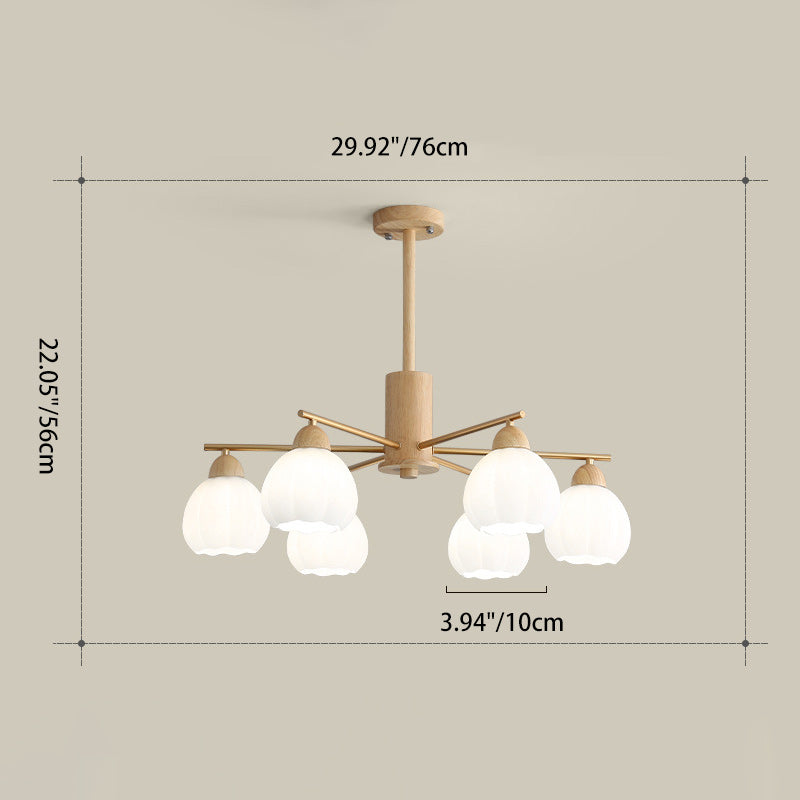 Traditional Japanese Wood PVC Iron Branch Round Cylinder 3/6/8-Light Chandelier For Living Room