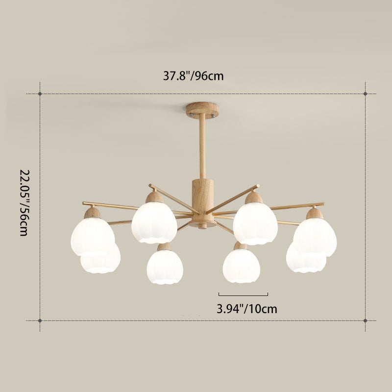 Traditional Japanese Wood PVC Iron Branch Round Cylinder 3/6/8-Light Chandelier For Living Room