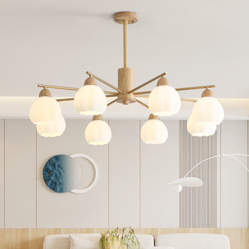 Traditional Japanese Wood PVC Iron Branch Round Cylinder 3/6/8-Light Chandelier For Living Room