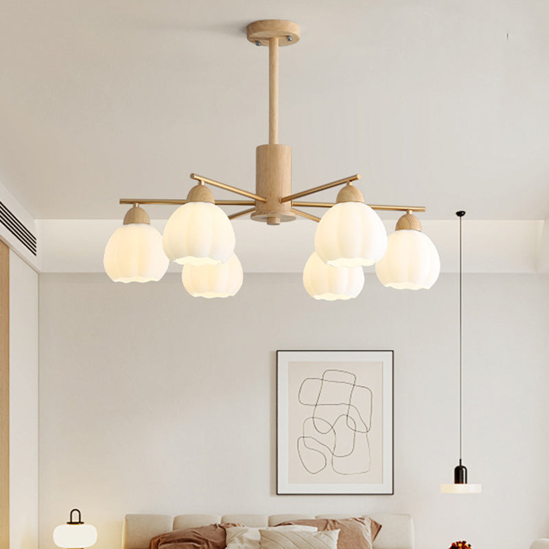 Traditional Japanese Wood PVC Iron Branch Round Cylinder 3/6/8-Light Chandelier For Living Room