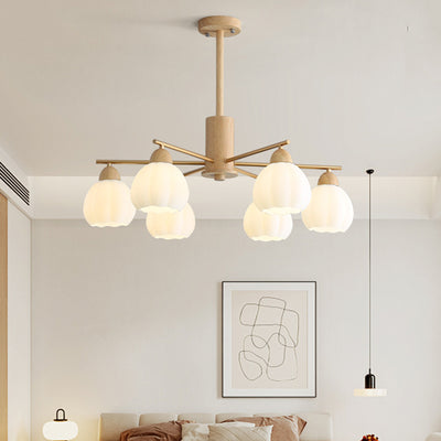 Traditional Japanese Wood PVC Iron Branch Round Cylinder 3/6/8-Light Chandelier For Living Room