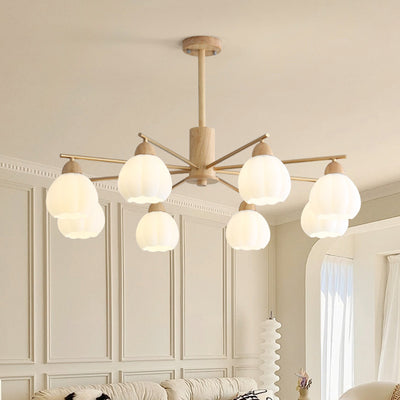 Traditional Japanese Wood PVC Iron Branch Round Cylinder 3/6/8-Light Chandelier For Living Room