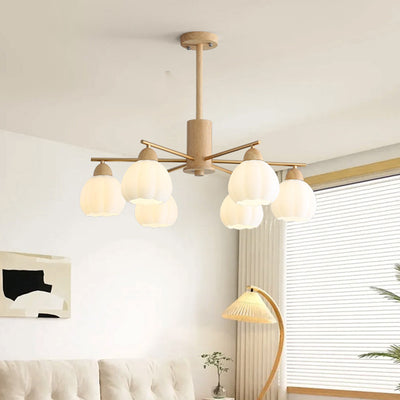 Traditional Japanese Wood PVC Iron Branch Round Cylinder 3/6/8-Light Chandelier For Living Room