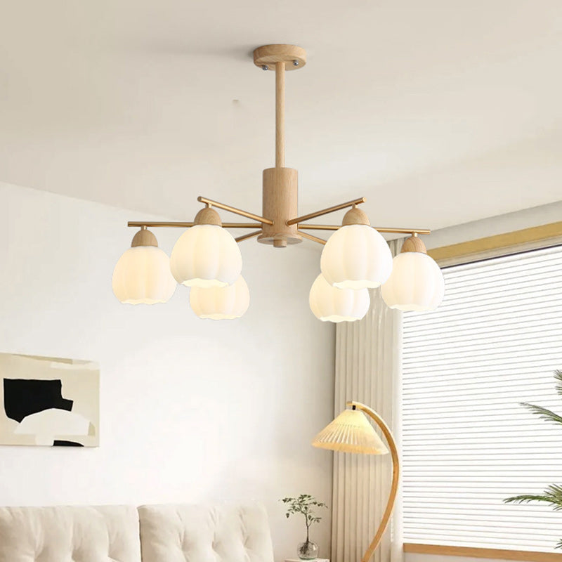 Traditional Japanese Wood PVC Iron Branch Round Cylinder 3/6/8-Light Chandelier For Living Room