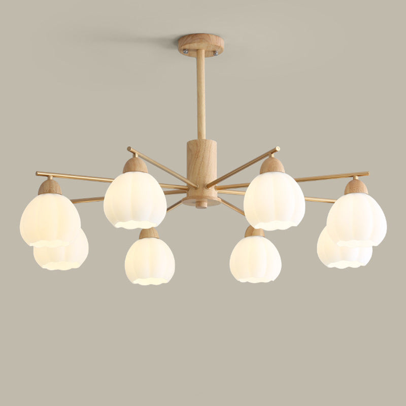 Traditional Japanese Wood PVC Iron Branch Round Cylinder 3/6/8-Light Chandelier For Living Room